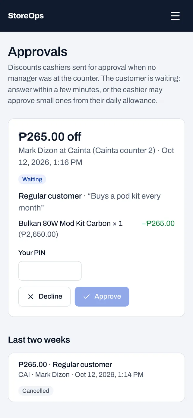 A discount waiting for the store manager’s approval on a phone