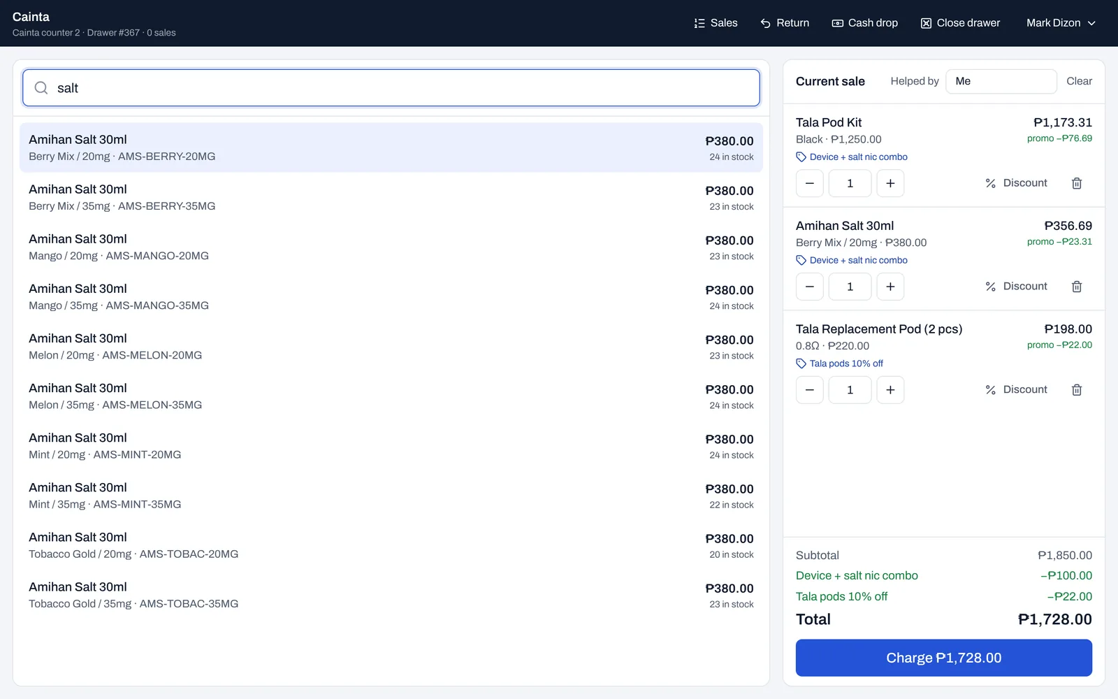 The StoreOps sales screen with three items in the cart and two promos applied